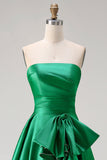 Vestido largo de graduación verde oscuro sin tirantes de dos piezas, lazo, con lazos y abertura