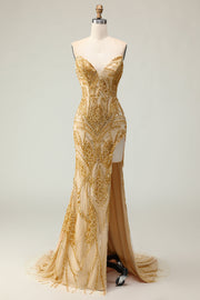 Vestido largo de fiesta con cuentas de sirena dorada con abertura