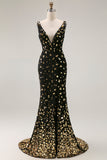 Vestido de graduación largo de sirena de lentejuelas doradas negras, escote en V y espalda abierta