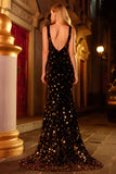 Vestido de graduación largo de sirena de lentejuelas doradas negras, escote en V y espalda abierta