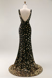 Vestido de graduación largo de sirena de lentejuelas doradas negras, escote en V y espalda abierta