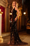 Vestido de graduación largo de sirena de lentejuelas doradas negras, escote en V y espalda abierta