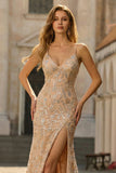 Champán brillante, lentejuelas, sirena con encaje en la espalda Vestido largo de graduación con abertura