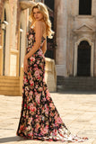Vestido largo de fiesta con corsé sin tirantes de sirena floral en negro rosa con abertura