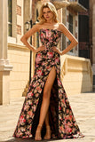 Vestido largo de fiesta con corsé sin tirantes de sirena floral en negro rosa con abertura
