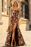 Vestido largo de fiesta con corsé sin tirantes de sirena floral en negro rosa con abertura