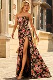Vestido largo de fiesta con corsé sin tirantes de sirena floral en negro rosa con abertura
