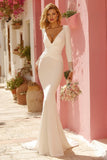 Vestido de novia fruncido con cuello en V de sirena blanca con apliques
