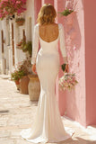 Vestido de novia fruncido con cuello en V de sirena blanca con apliques