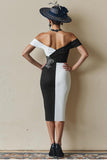 Vestido midi ajustado con hombros descubiertos en blanco y negro para madre de la novia con abertura