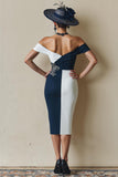 Vestido midi ajustado con hombros descubiertos en blanco y negro para madre de la novia con abertura