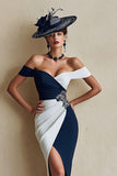Vestido midi ajustado con hombros descubiertos en blanco y negro para madre de la novia con abertura