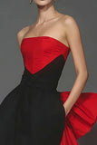 Vestido formal de sirena negro y rojo sin tirantes con lazo