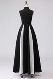 Elegante vestido formal largo de cuello alto en blanco y negro