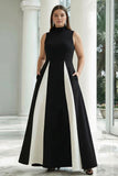Vestido formal largo de cuello alto en línea A en blanco y negro con bolsillos