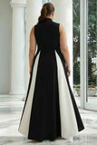 Vestido formal largo de cuello alto en línea A en blanco y negro con bolsillos
