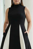 Vestido formal largo de cuello alto en línea A en blanco y negro con bolsillos