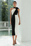 Vestido formal ajustado midi halter en blanco y negro