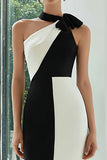 Vestido formal ajustado midi halter en blanco y negro