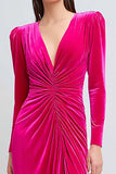 Vestido Formal Largo Fruncido de Terciopelo Fucsia con Abertura