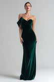 Vestido Formal Largo de Terciopelo Verde Oscuro con Un Hombro