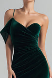 Vestido Formal Largo de Terciopelo Verde Oscuro con Un Hombro