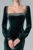 Vestido largo formal de terciopelo sirena verde oscuro brillante con abertura