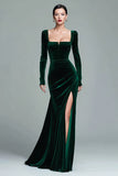 Vestido formal de terciopelo con cuello cuadrado de sirena verde oscuro y mangas largas