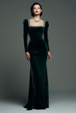 Vestido Maxi Formal de Sirena de Terciopelo con Cuello Cuadrado Verde Oscuro Brillante