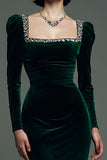 Vestido Maxi Formal de Sirena de Terciopelo con Cuello Cuadrado Verde Oscuro Brillante