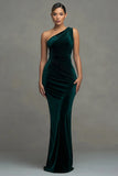 Vestido Maxi Formal de Un Hombro de Sirena de Terciopelo Verde Oscuro