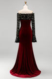 Vestido formal sirena de talla grande con encaje burdeos y terciopelo