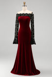 Vestido formal sirena de talla grande con encaje burdeos y terciopelo
