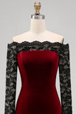 Vestido formal sirena de talla grande con encaje burdeos y terciopelo