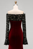 Vestido formal sirena de talla grande con encaje burdeos y terciopelo