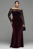 Vestido formal sirena de talla grande con encaje burdeos y terciopelo