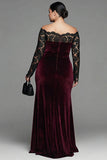 Vestido formal sirena de talla grande con encaje burdeos y terciopelo