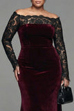 Vestido formal sirena de talla grande con encaje burdeos y terciopelo