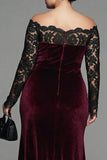 Vestido formal sirena de talla grande con encaje burdeos y terciopelo