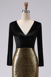 Vestido formal largo de funda en V dorado y negro brillante con manga