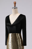 Vestido formal largo de funda en V dorado y negro brillante con manga