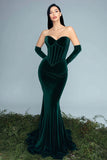 Vestido largo formal de terciopelo con corsé de sirena verde oscuro
