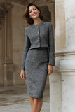 Vestido de trabajo de 2 piezas de tweed gris con botonadura simple