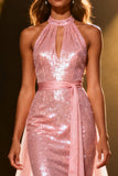 Vestido largo de gala halter de sirena rosa claro brillante con fajín