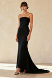 Vestido Formal Largo Plisado Sin Tirantes Negro Simple Mermaid