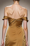Vestido Formal Largo de Satén Sirena Amarillo con Hombros Descubiertos