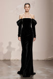 Vestidos largos de baile militar de terciopelo sin tirantes negro sirena con mangas