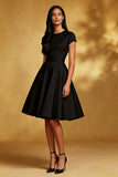 Vestido midi negro con cuello redondo A Line y mangas cortas
