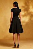 Vestido midi negro con cuello redondo A Line y mangas cortas