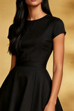 Vestido midi negro con cuello redondo A Line y mangas cortas
